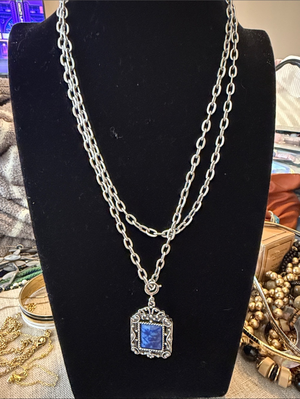 Silver Chain Necklace with Blue Stone Pendant - Women Jewelry